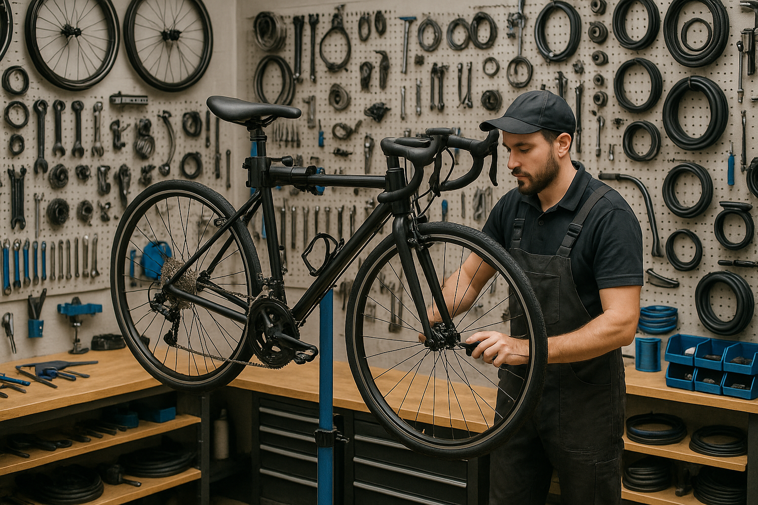 Generate an image of a cycle mechanic in a cycle repair shop with a cycle being repaired in the centre with walls in the background that have various cycle related parts and equipment